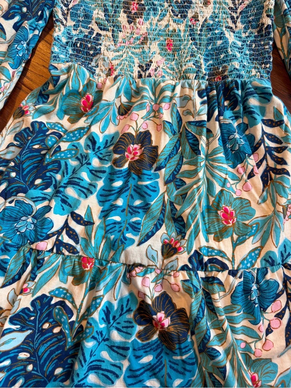 Lilly Pulitzer Blue Tropical Smocked Long-Sleeve Dress